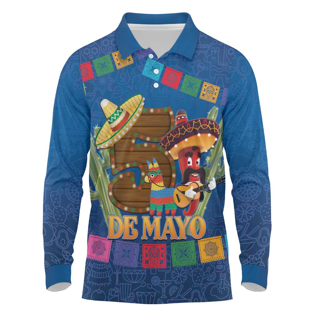 Mexico Cinco De Mayo 2025 Long Sleeve Polo Shirt Chili Pepper Let's Fiesta