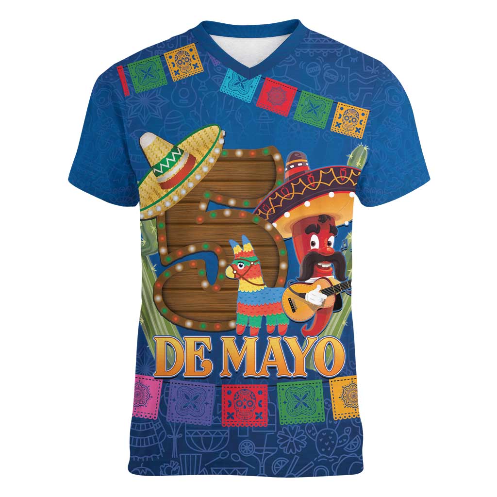 Mexico Cinco De Mayo 2025 Women V-Neck T-Shirt Chili Pepper Let's Fiesta - Wonder Print Shop