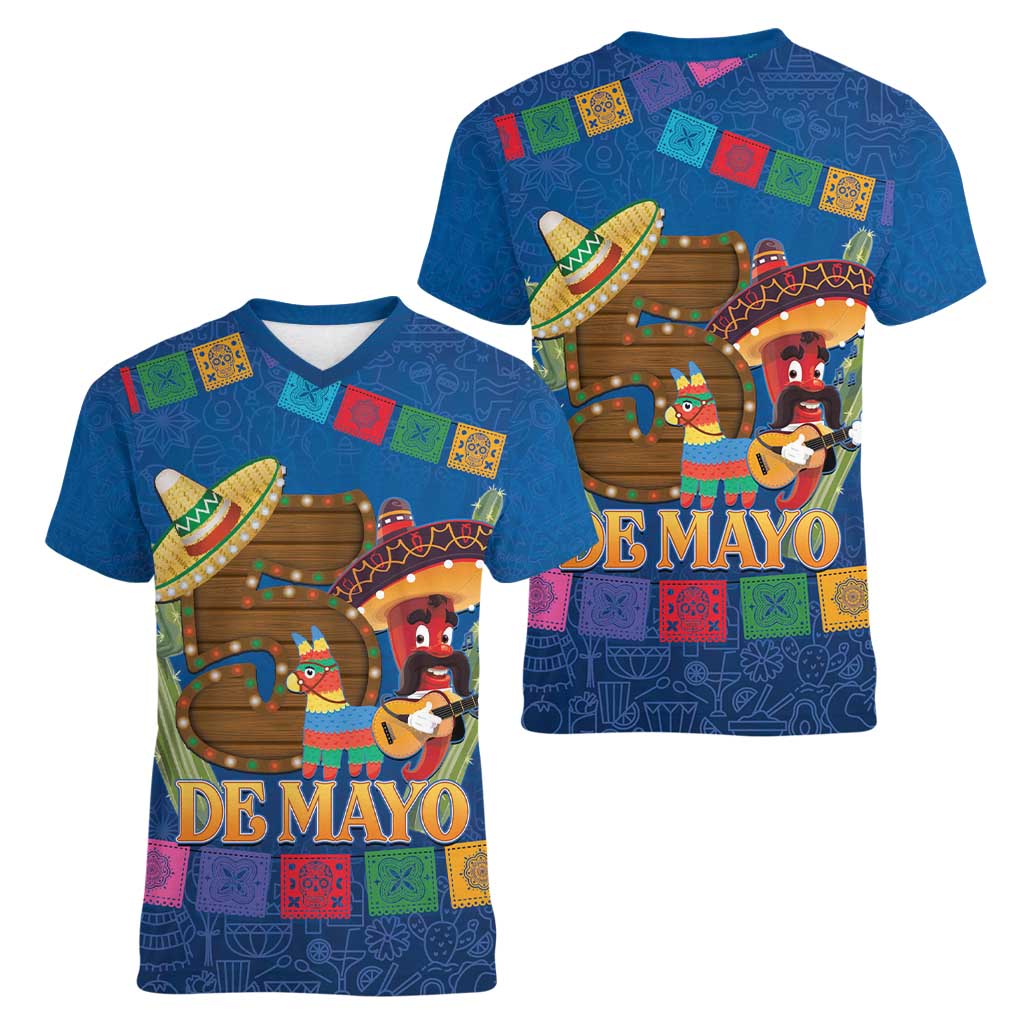 Mexico Cinco De Mayo 2025 Women V-Neck T-Shirt Chili Pepper Let's Fiesta - Wonder Print Shop