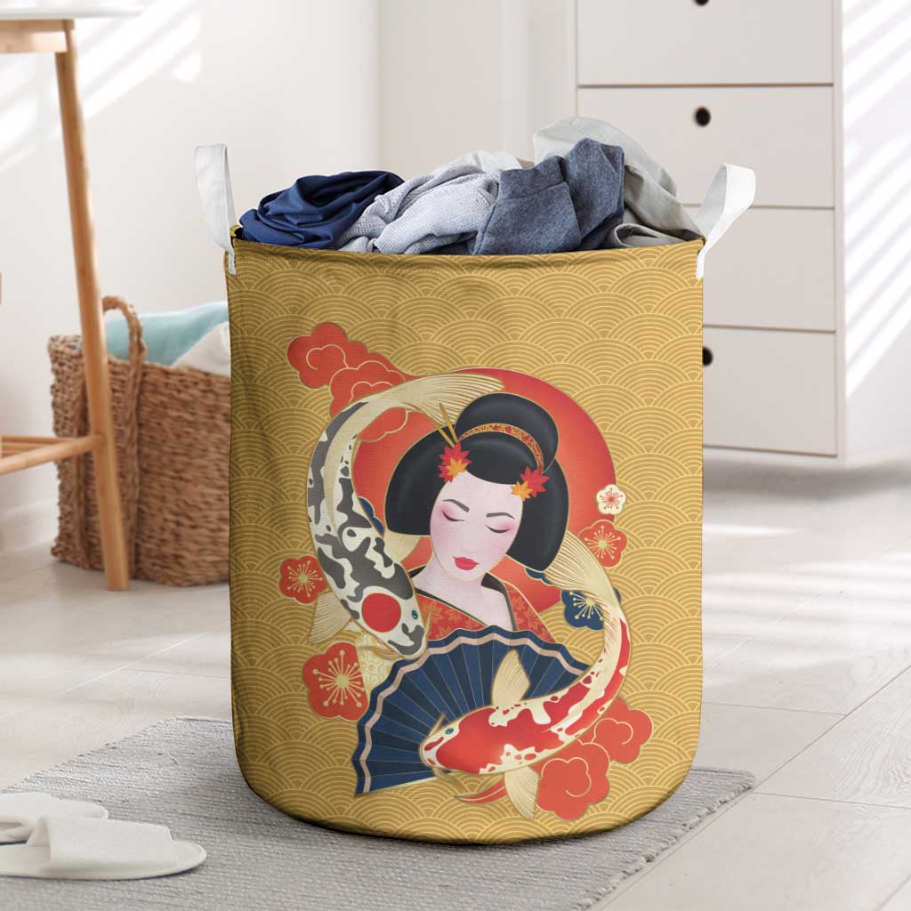 Japanese Geisha Koi Fish Laundry Basket Cherry Blossoms Yellow Seigaiha Pattern - Wonder Print Shop