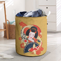 Japanese Geisha Koi Fish Laundry Basket Cherry Blossoms Yellow Seigaiha Pattern - Wonder Print Shop