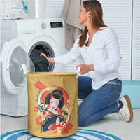 Japanese Geisha Koi Fish Laundry Basket Cherry Blossoms Yellow Seigaiha Pattern - Wonder Print Shop