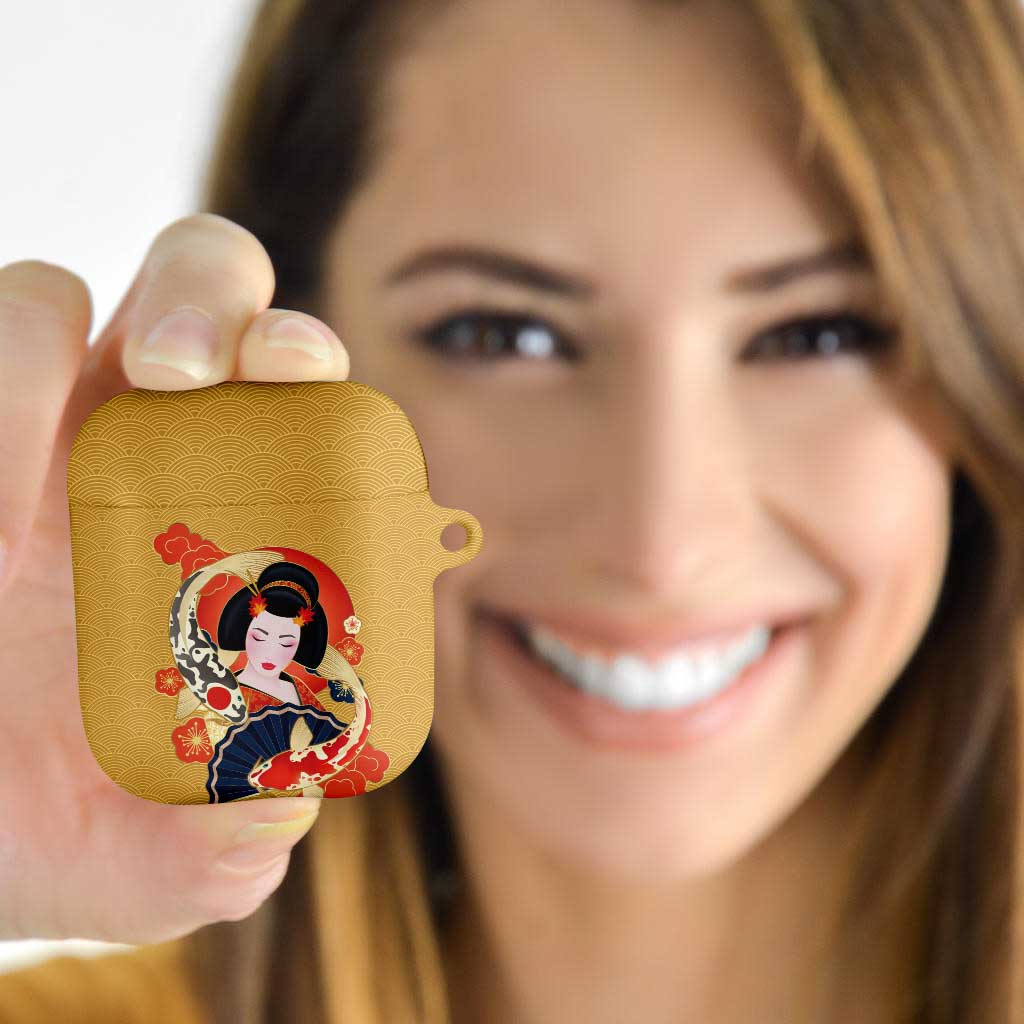 Japanese Geisha Koi Fish AirPods Case Cherry Blossoms Yellow Seigaiha Pattern - Wonder Print Shop