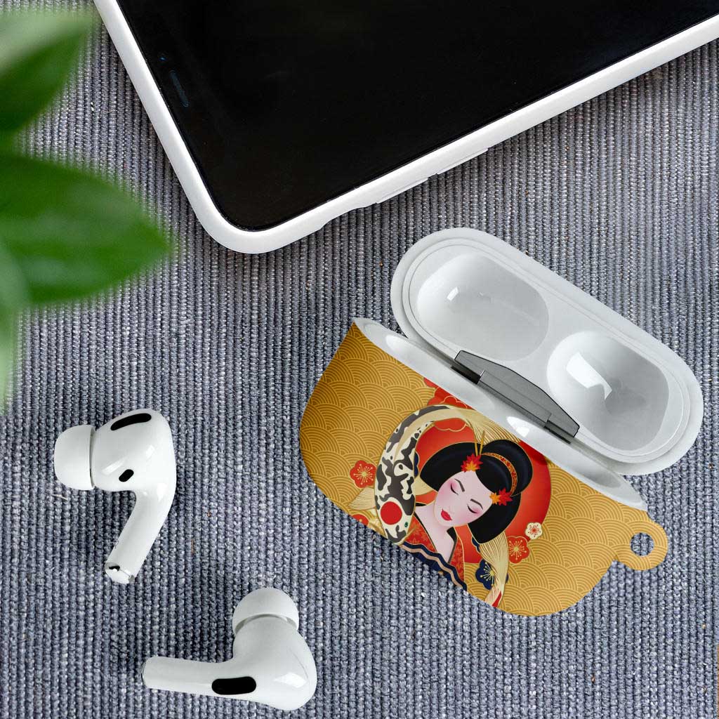 Japanese Geisha Koi Fish AirPods Case Cherry Blossoms Yellow Seigaiha Pattern - Wonder Print Shop