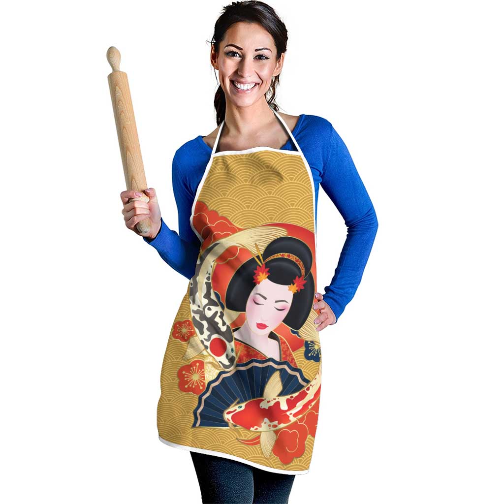 Japanese Geisha Koi Fish Apron Cherry Blossoms Yellow Seigaiha Pattern - Wonder Print Shop