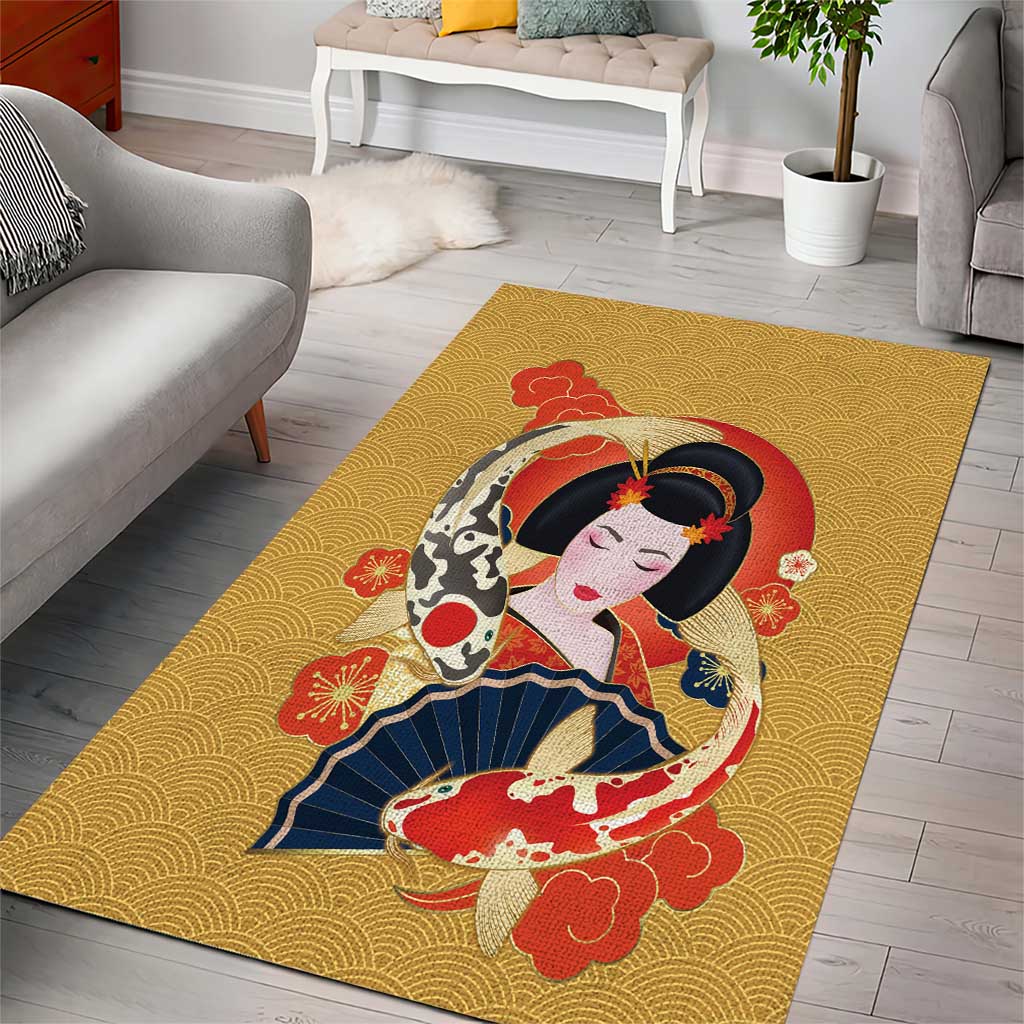 Japanese Geisha Koi Fish Area Rug Cherry Blossoms Yellow Seigaiha Pattern - Wonder Print Shop