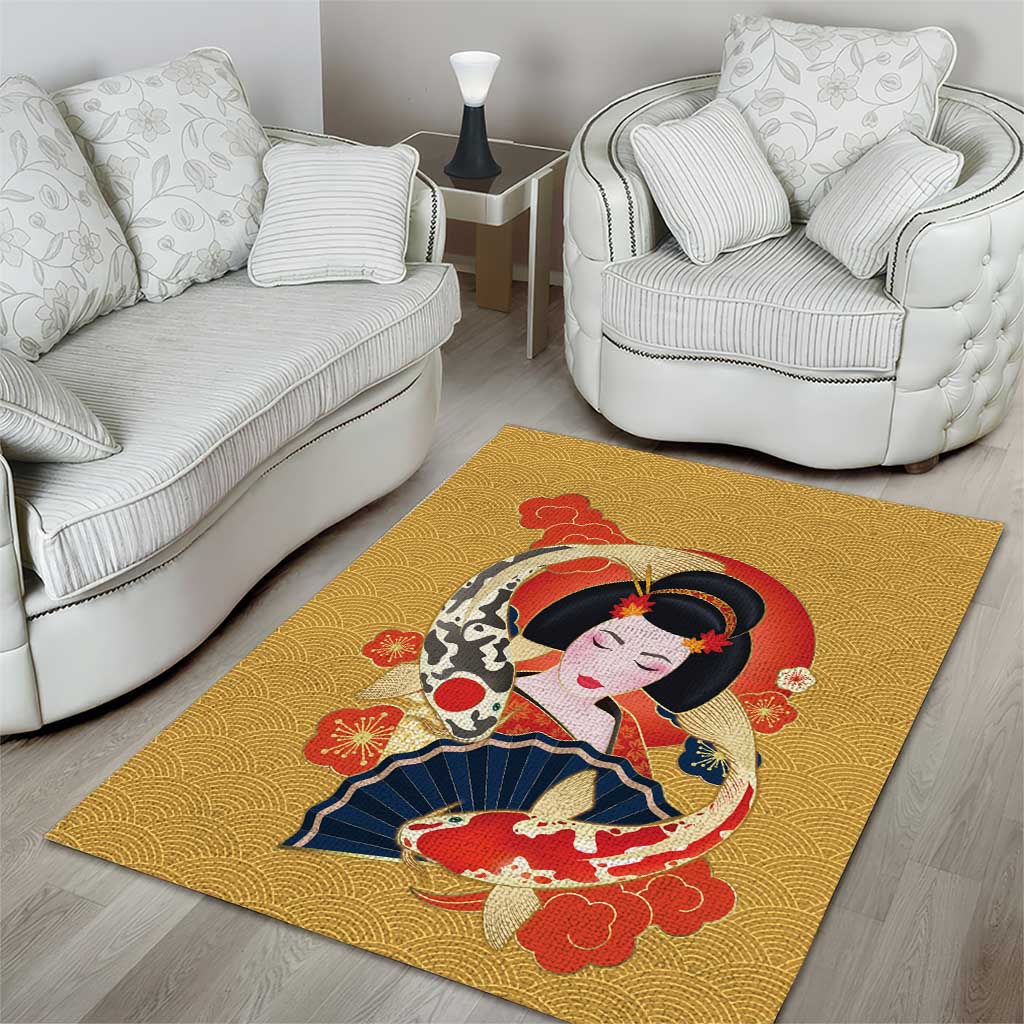 Japanese Geisha Koi Fish Area Rug Cherry Blossoms Yellow Seigaiha Pattern - Wonder Print Shop