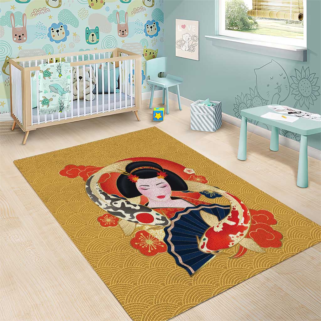 Japanese Geisha Koi Fish Area Rug Cherry Blossoms Yellow Seigaiha Pattern - Wonder Print Shop