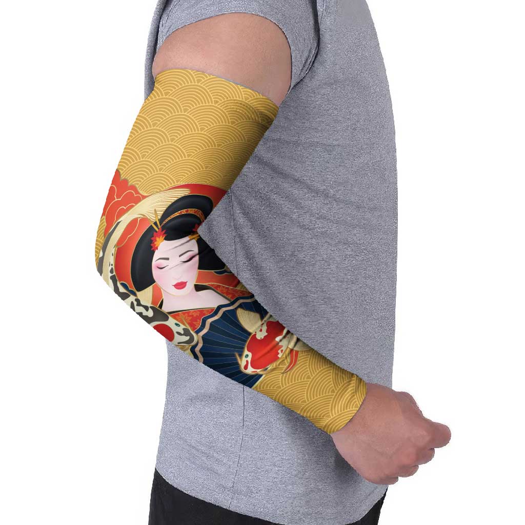 Japanese Geisha Koi Fish Arm Sleeves Cherry Blossoms Yellow Seigaiha Pattern - Wonder Print Shop
