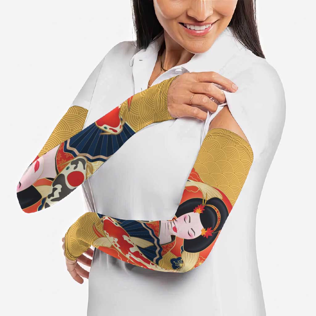 Japanese Geisha Koi Fish Arm Sleeves Cherry Blossoms Yellow Seigaiha Pattern - Wonder Print Shop