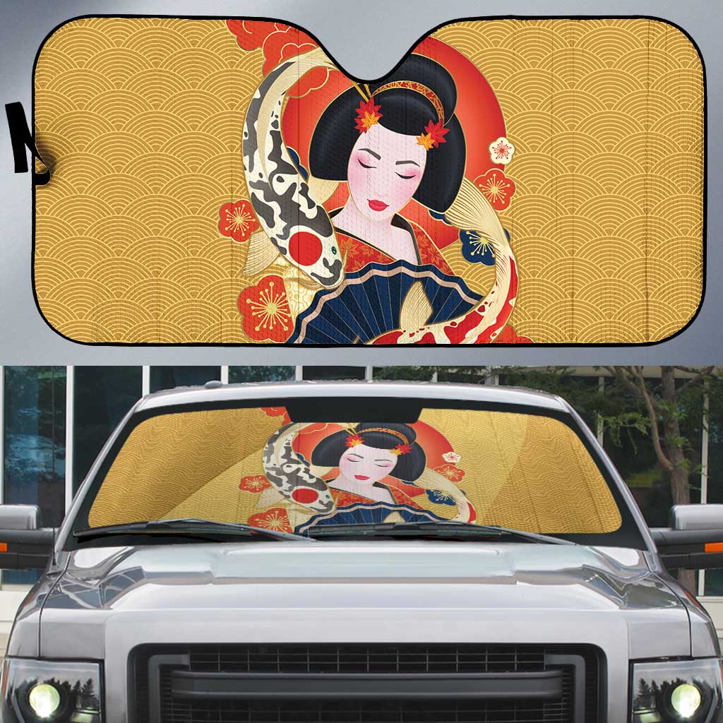 Japanese Geisha Koi Fish Auto Sun Shade Cherry Blossoms Yellow Seigaiha Pattern - Wonder Print Shop