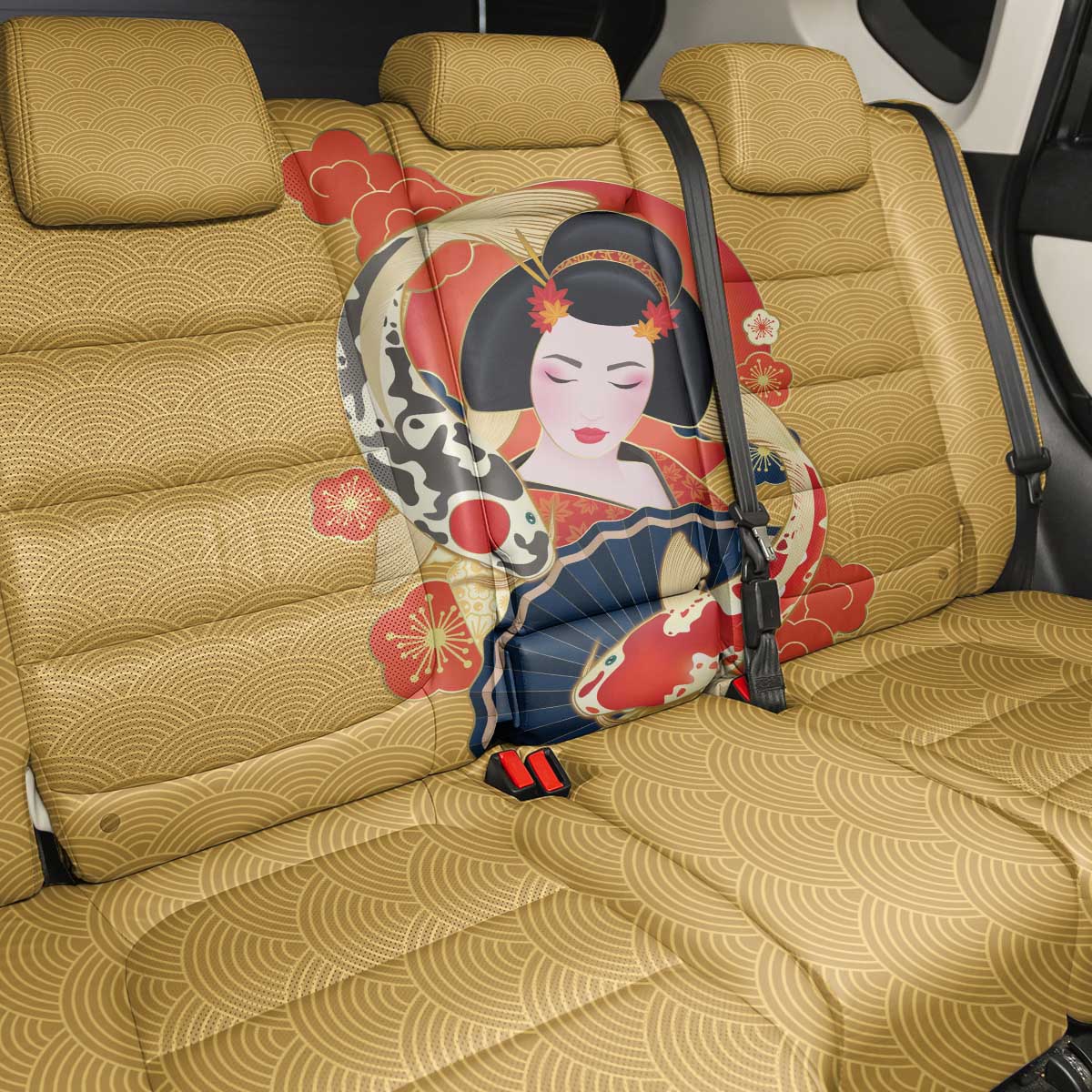 Japanese Geisha Koi Fish Back Car Seat Cover Cherry Blossoms Yellow Seigaiha Pattern - Wonder Print Shop