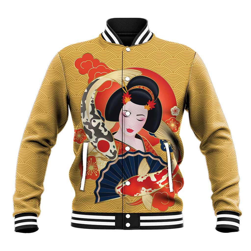 Japanese Geisha Koi Fish Baseball Jacket Cherry Blossoms Yellow Seigaiha Pattern - Wonder Print Shop