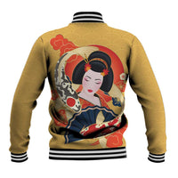 Japanese Geisha Koi Fish Baseball Jacket Cherry Blossoms Yellow Seigaiha Pattern - Wonder Print Shop
