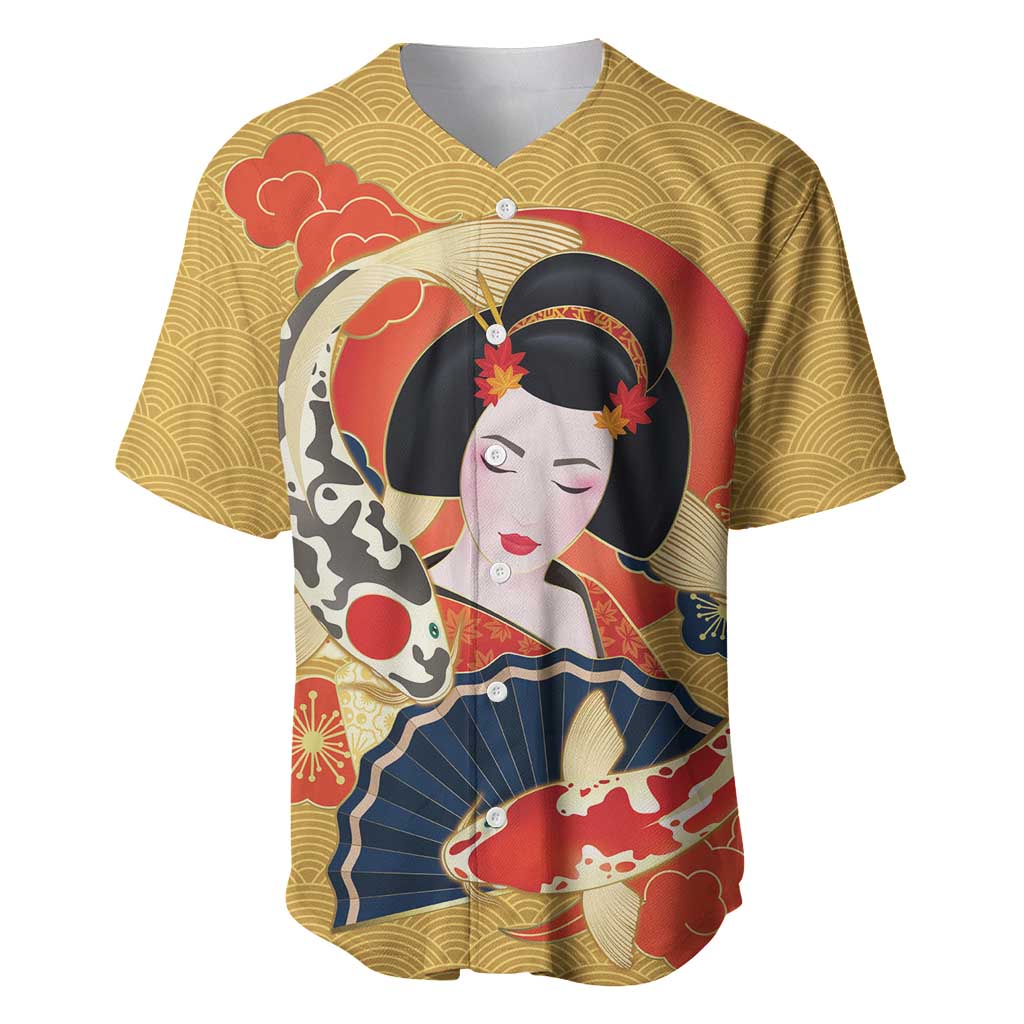 Japanese Geisha Koi Fish Baseball Jersey Cherry Blossoms Yellow Seigaiha Pattern - Wonder Print Shop