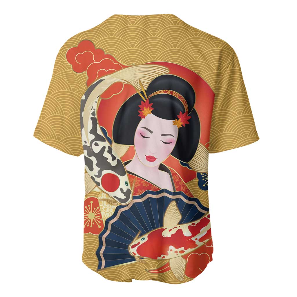Japanese Geisha Koi Fish Baseball Jersey Cherry Blossoms Yellow Seigaiha Pattern - Wonder Print Shop