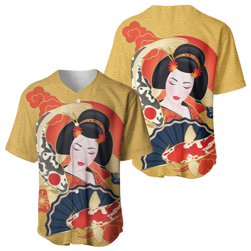 Japanese Geisha Koi Fish Baseball Jersey Cherry Blossoms Yellow Seigaiha Pattern - Wonder Print Shop