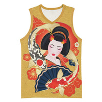 Japanese Geisha Koi Fish Basketball Jersey Cherry Blossoms Yellow Seigaiha Pattern - Wonder Print Shop