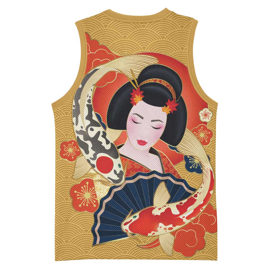 Japanese Geisha Koi Fish Basketball Jersey Cherry Blossoms Yellow Seigaiha Pattern - Wonder Print Shop