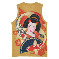 Japanese Geisha Koi Fish Basketball Jersey Cherry Blossoms Yellow Seigaiha Pattern - Wonder Print Shop