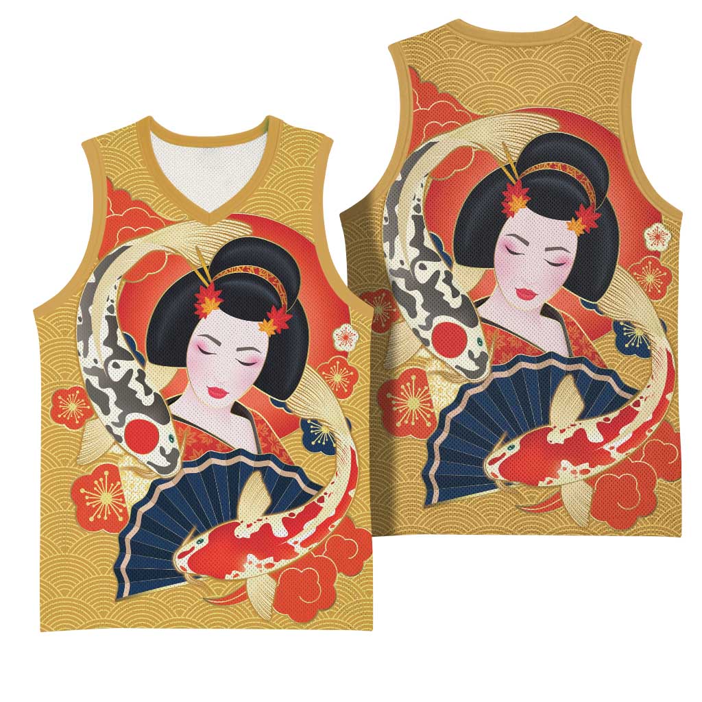 Japanese Geisha Koi Fish Basketball Jersey Cherry Blossoms Yellow Seigaiha Pattern - Wonder Print Shop