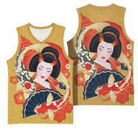 Japanese Geisha Koi Fish Basketball Jersey Cherry Blossoms Yellow Seigaiha Pattern - Wonder Print Shop