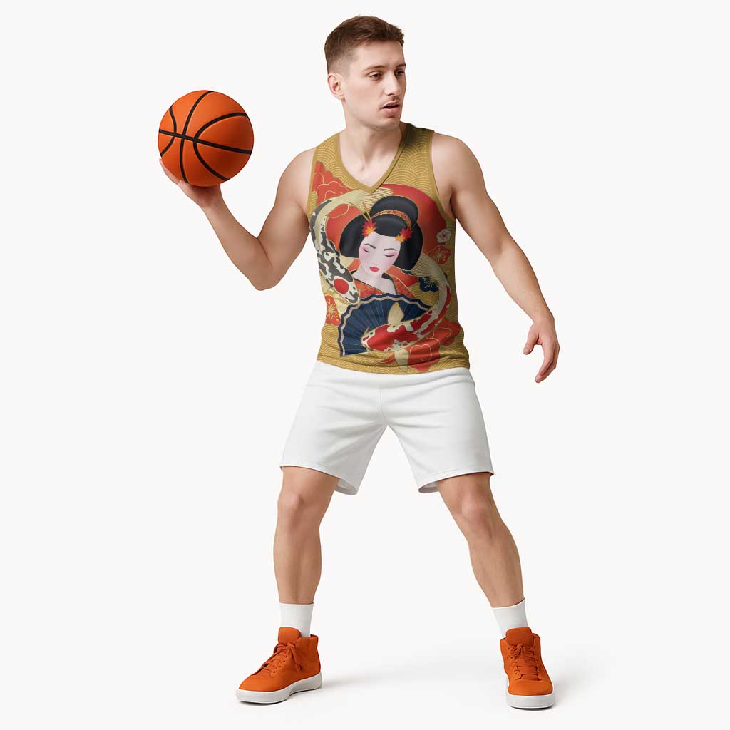 Japanese Geisha Koi Fish Basketball Jersey Cherry Blossoms Yellow Seigaiha Pattern - Wonder Print Shop