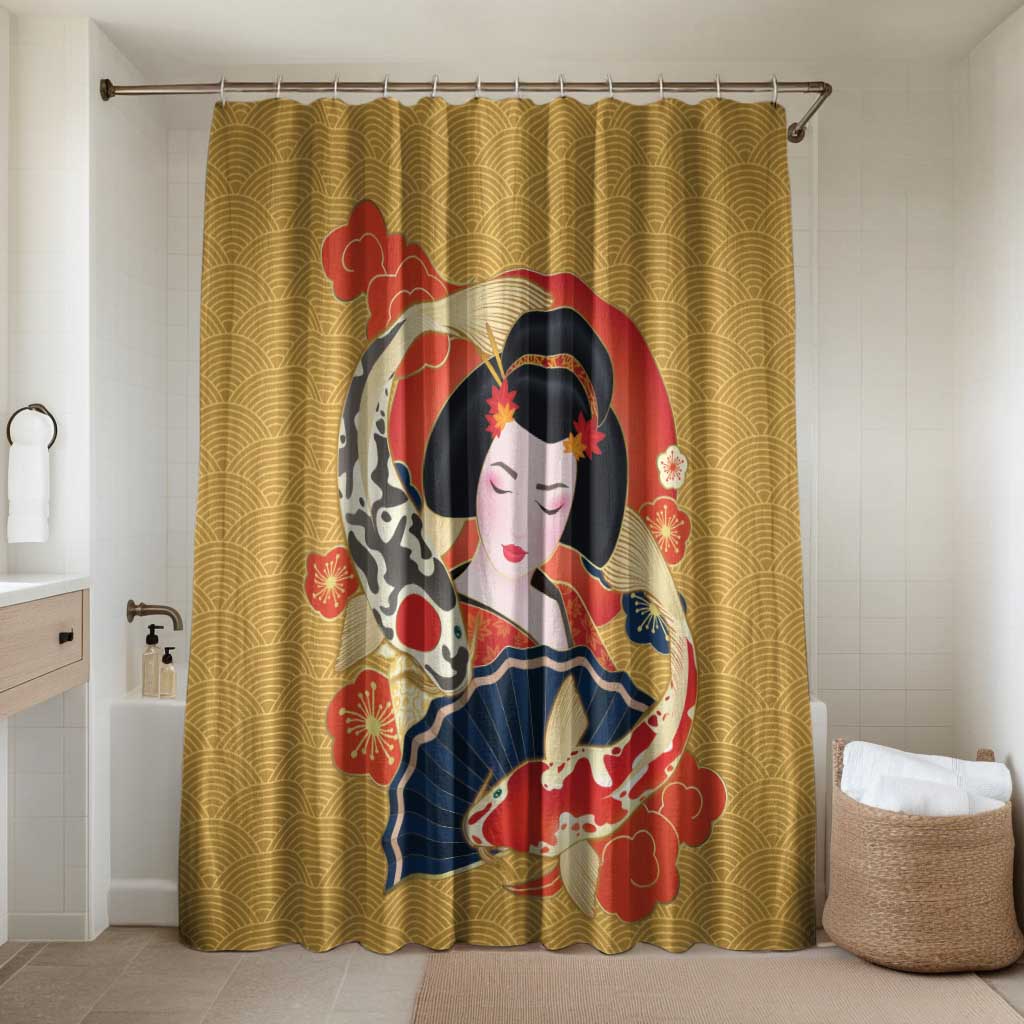 Japanese Geisha Koi Fish Bathroom Set Cherry Blossoms Yellow Seigaiha Pattern - Wonder Print Shop