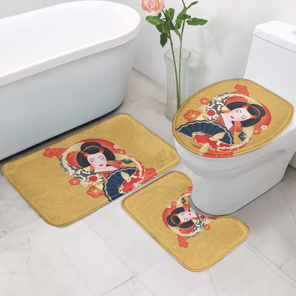 Japanese Geisha Koi Fish Bathroom Set Cherry Blossoms Yellow Seigaiha Pattern - Wonder Print Shop