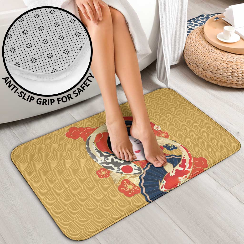 Japanese Geisha Koi Fish Bathroom Set Cherry Blossoms Yellow Seigaiha Pattern - Wonder Print Shop