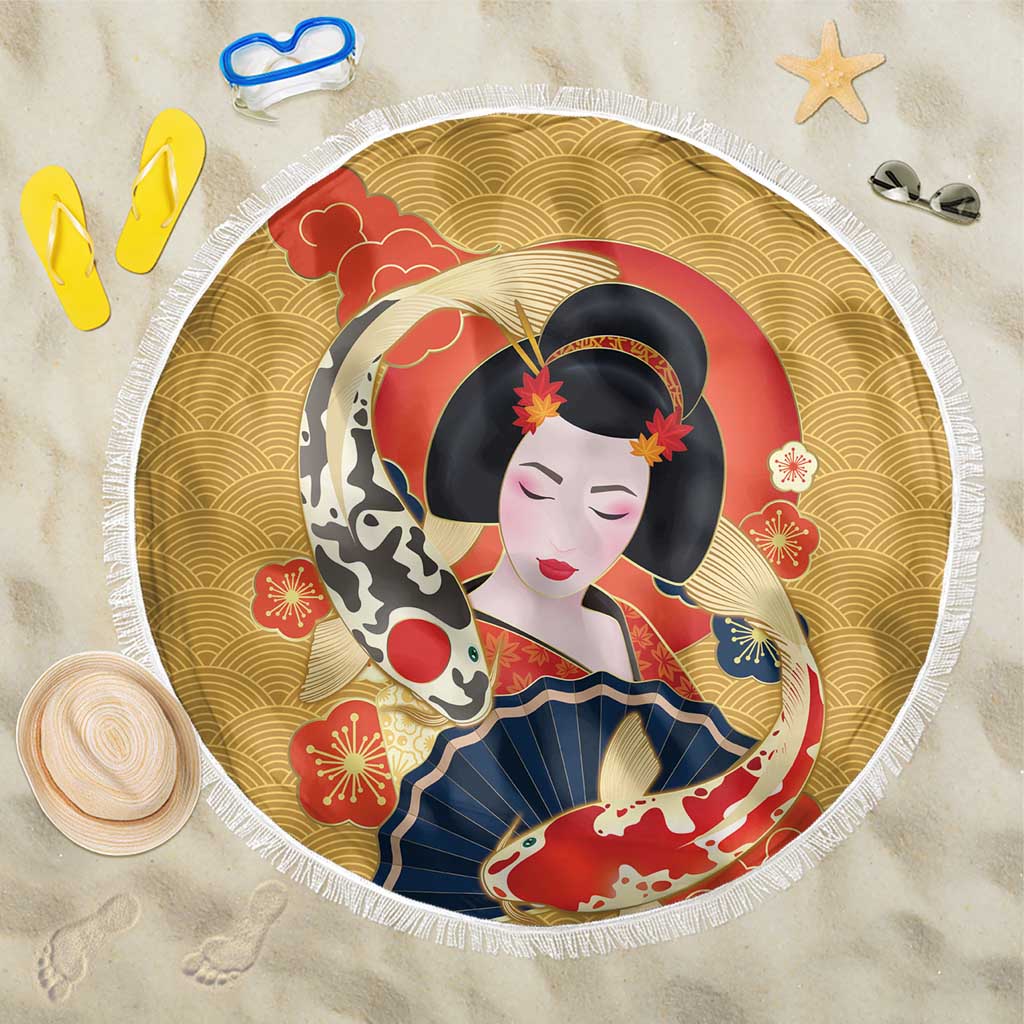 Japanese Geisha Koi Fish Beach Blanket Cherry Blossoms Yellow Seigaiha Pattern - Wonder Print Shop