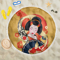 Japanese Geisha Koi Fish Beach Blanket Cherry Blossoms Yellow Seigaiha Pattern - Wonder Print Shop