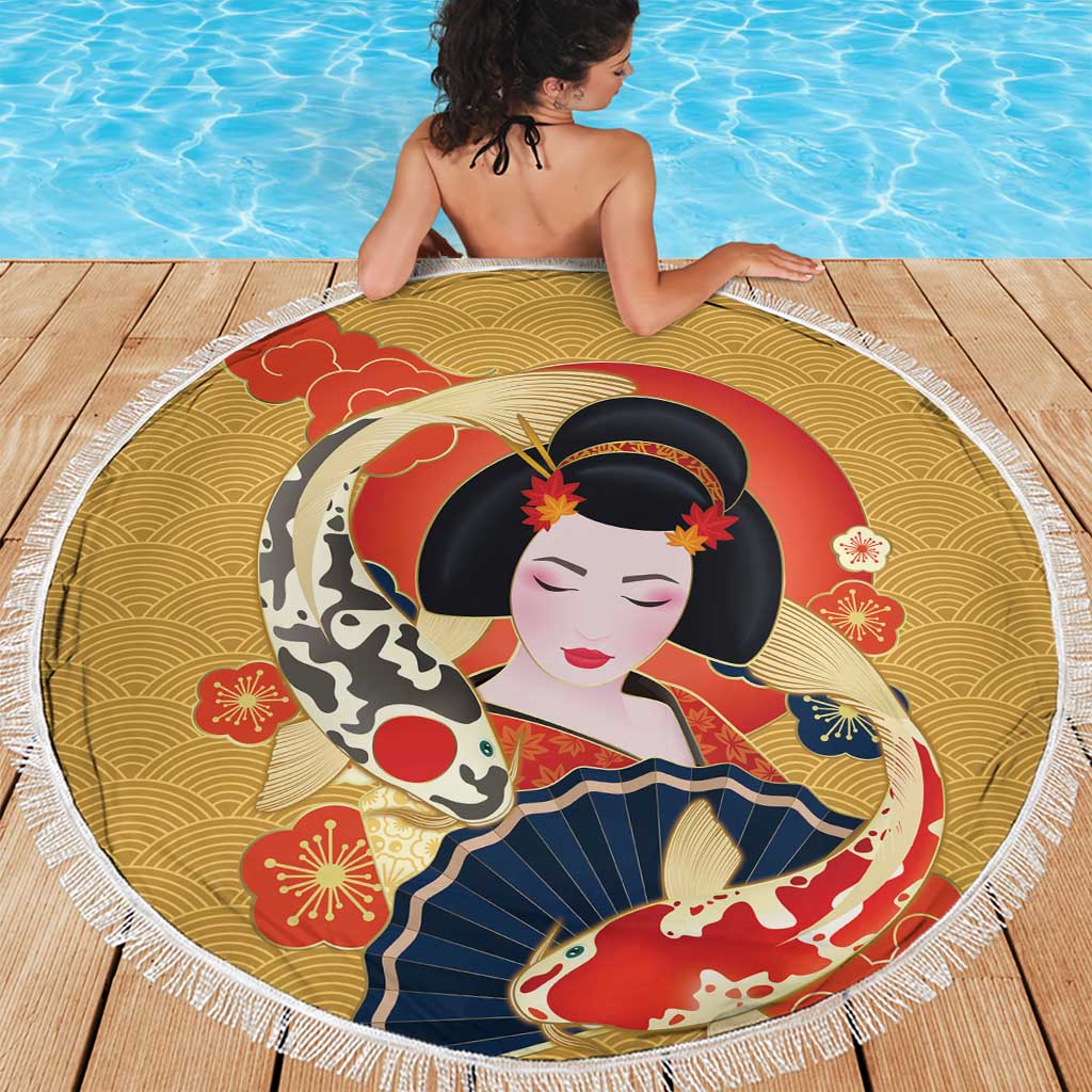 Japanese Geisha Koi Fish Beach Blanket Cherry Blossoms Yellow Seigaiha Pattern - Wonder Print Shop
