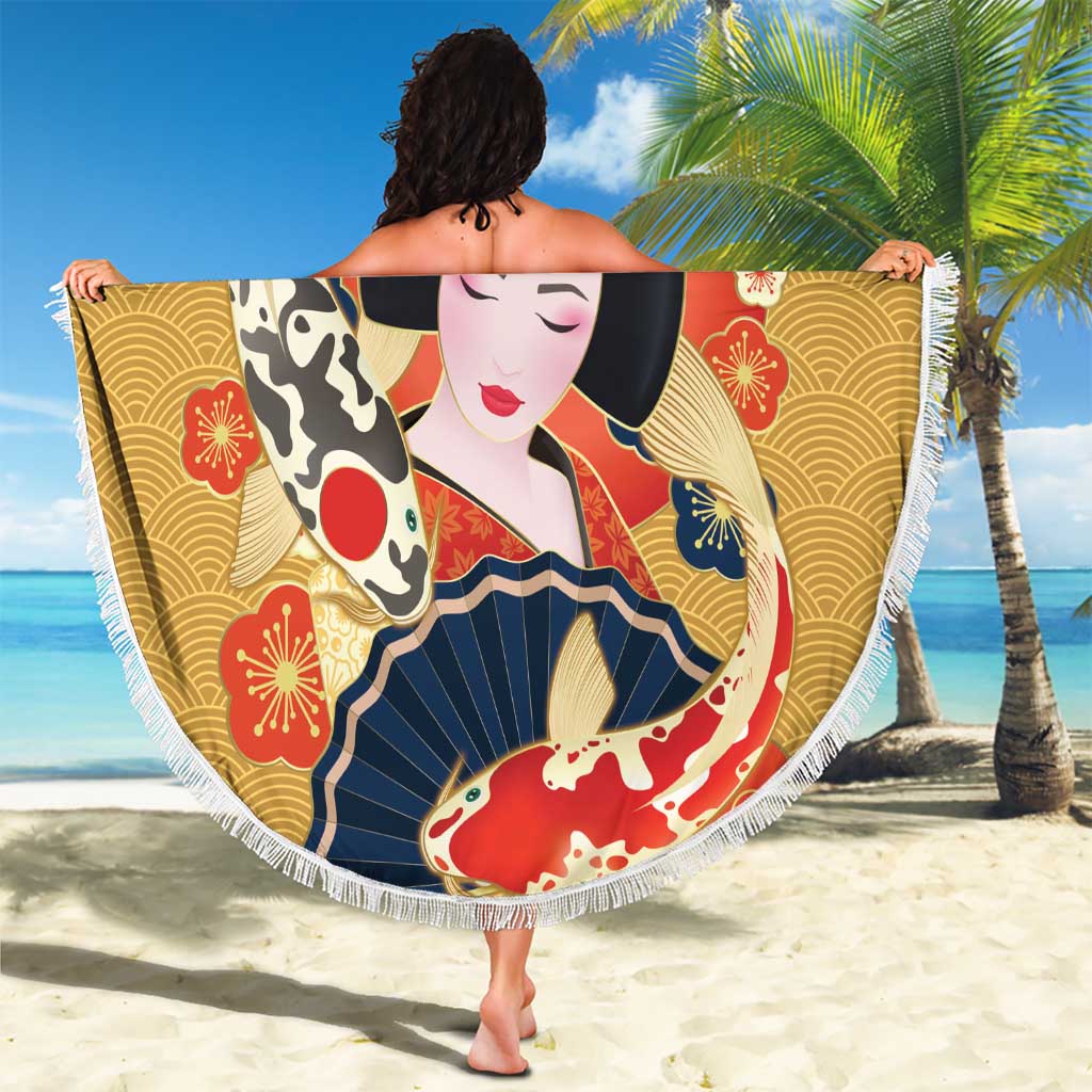 Japanese Geisha Koi Fish Beach Blanket Cherry Blossoms Yellow Seigaiha Pattern - Wonder Print Shop
