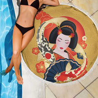 Japanese Geisha Koi Fish Beach Blanket Cherry Blossoms Yellow Seigaiha Pattern - Wonder Print Shop