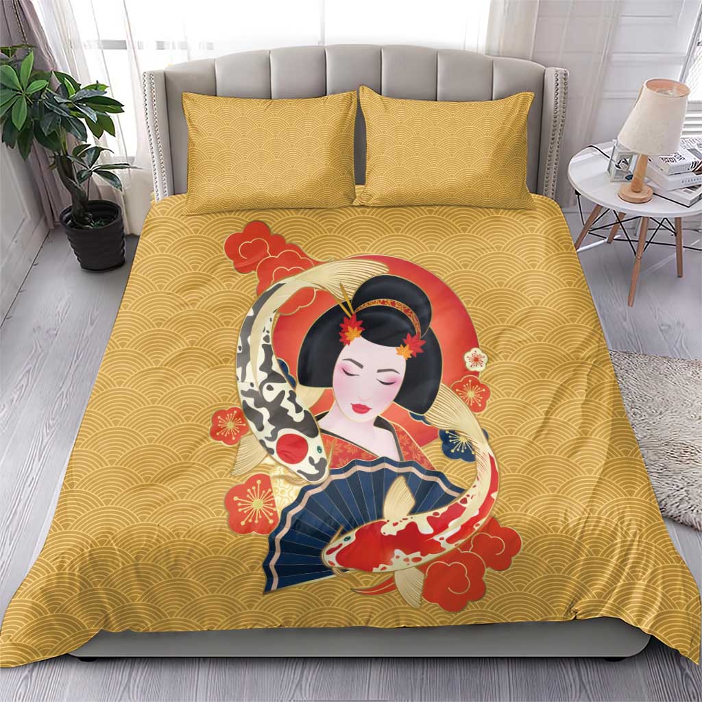 Japanese Geisha Koi Fish Bedding Set Cherry Blossoms Yellow Seigaiha Pattern - Wonder Print Shop