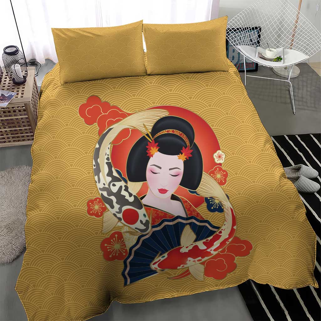 Japanese Geisha Koi Fish Bedding Set Cherry Blossoms Yellow Seigaiha Pattern - Wonder Print Shop
