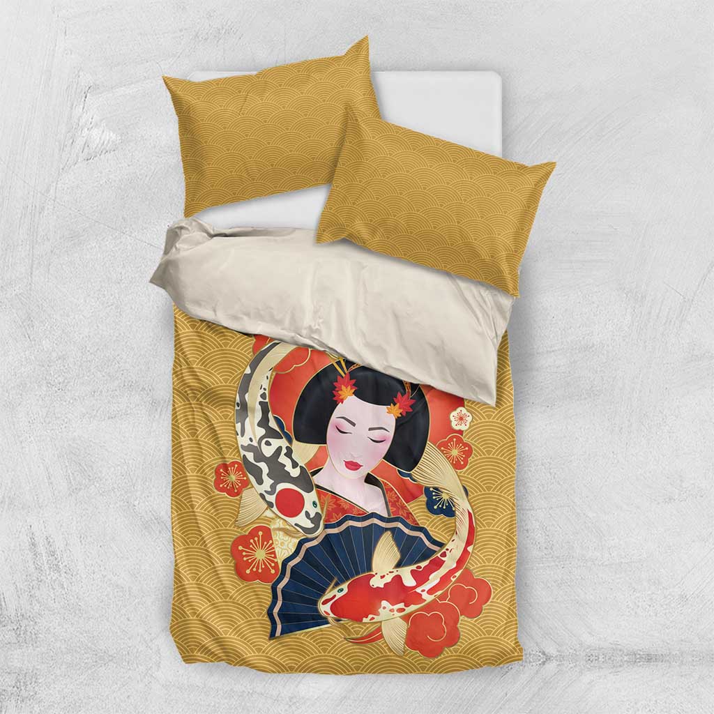 Japanese Geisha Koi Fish Bedding Set Cherry Blossoms Yellow Seigaiha Pattern - Wonder Print Shop