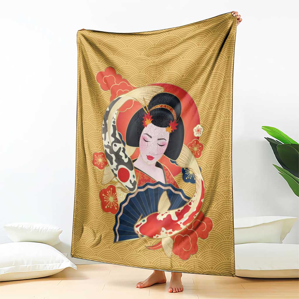 Japanese Geisha Koi Fish Blanket Cherry Blossoms Yellow Seigaiha Pattern - Wonder Print Shop