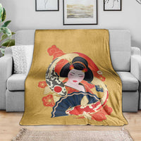 Japanese Geisha Koi Fish Blanket Cherry Blossoms Yellow Seigaiha Pattern - Wonder Print Shop
