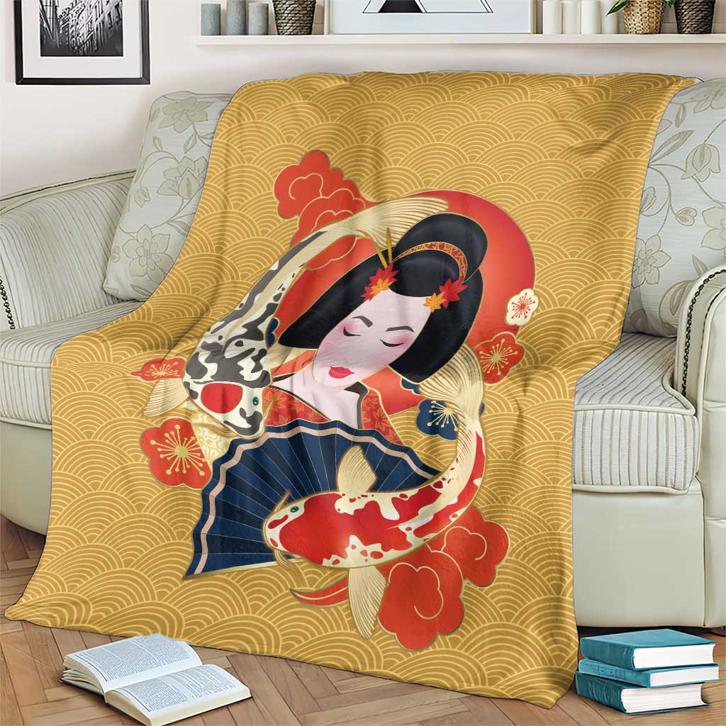 Japanese Geisha Koi Fish Blanket Cherry Blossoms Yellow Seigaiha Pattern - Wonder Print Shop