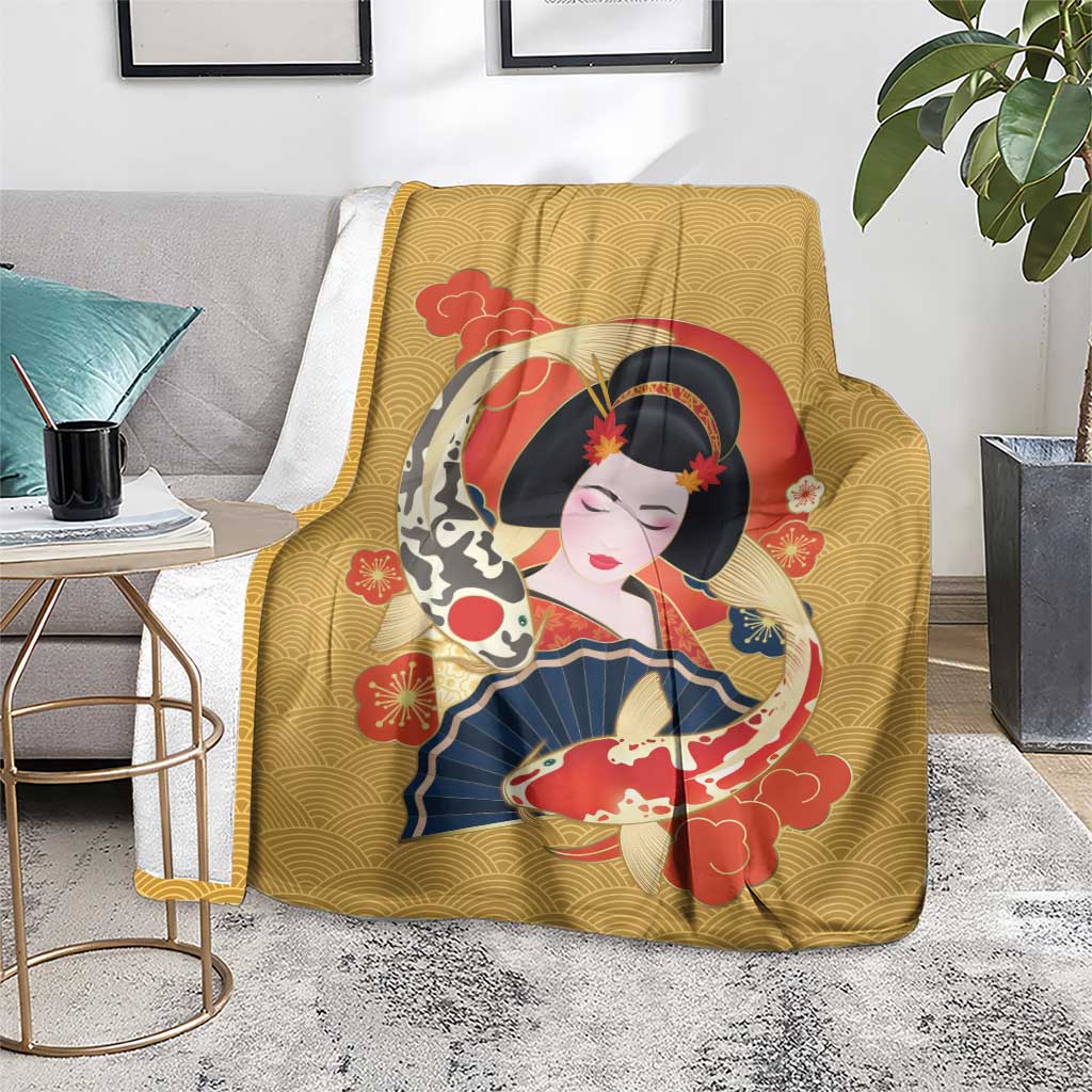 Japanese Geisha Koi Fish Blanket Cherry Blossoms Yellow Seigaiha Pattern - Wonder Print Shop