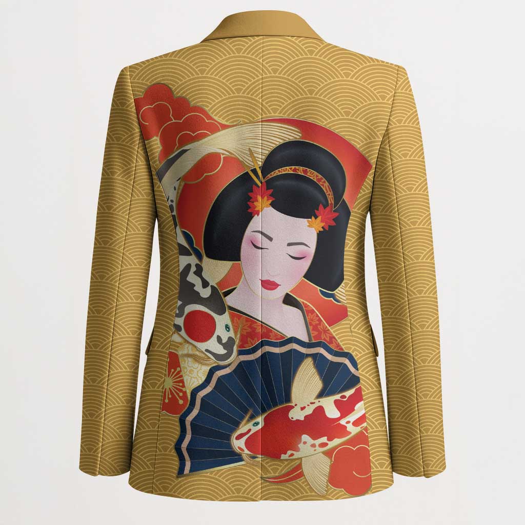 Japanese Geisha Koi Fish Blazer Cherry Blossoms Yellow Seigaiha Pattern - Wonder Print Shop