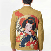 Japanese Geisha Koi Fish Blazer Cherry Blossoms Yellow Seigaiha Pattern - Wonder Print Shop