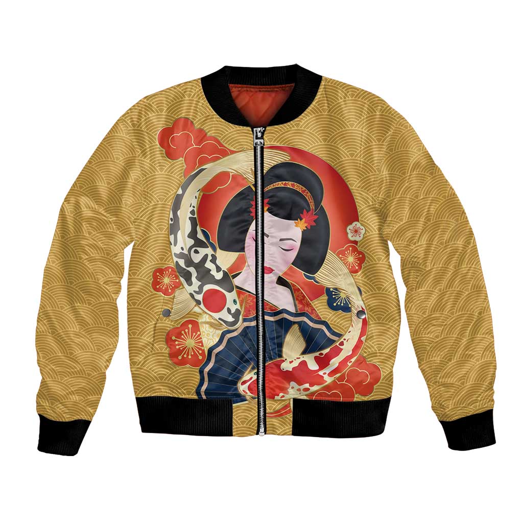 Japanese Geisha Koi Fish Bomber Jacket Cherry Blossoms Yellow Seigaiha Pattern - undefined
