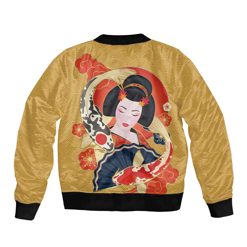 Japanese Geisha Koi Fish Bomber Jacket Cherry Blossoms Yellow Seigaiha Pattern - undefined
