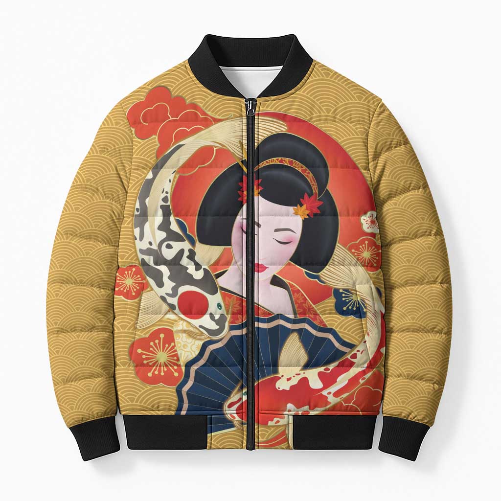 Japanese Geisha Koi Fish Bomber Puffer Jacket Cherry Blossoms Yellow Seigaiha Pattern - Wonder Print Shop