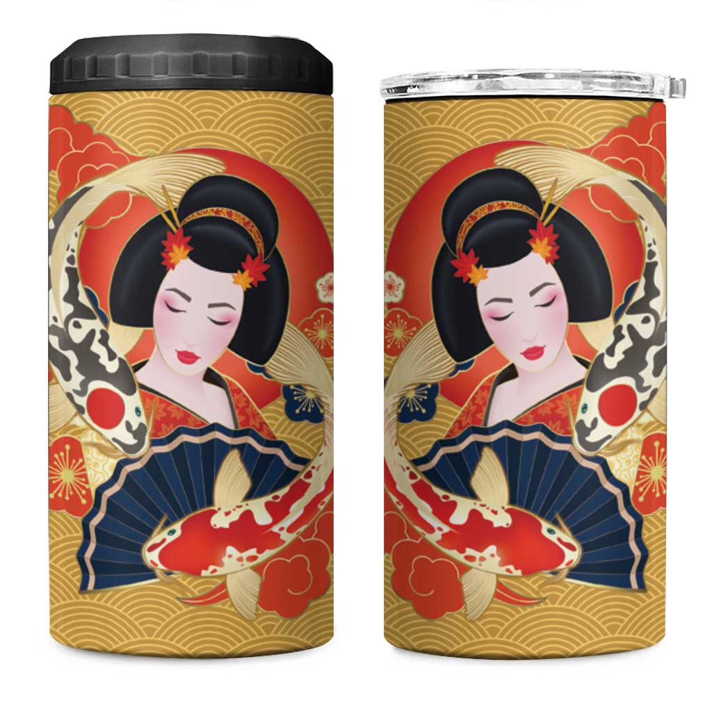 Japanese Geisha Koi Fish 4 in 1 Can Cooler Tumbler Cherry Blossoms Yellow Seigaiha Pattern - Wonder Print Shop