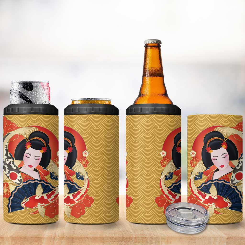 Japanese Geisha Koi Fish 4 in 1 Can Cooler Tumbler Cherry Blossoms Yellow Seigaiha Pattern - Wonder Print Shop