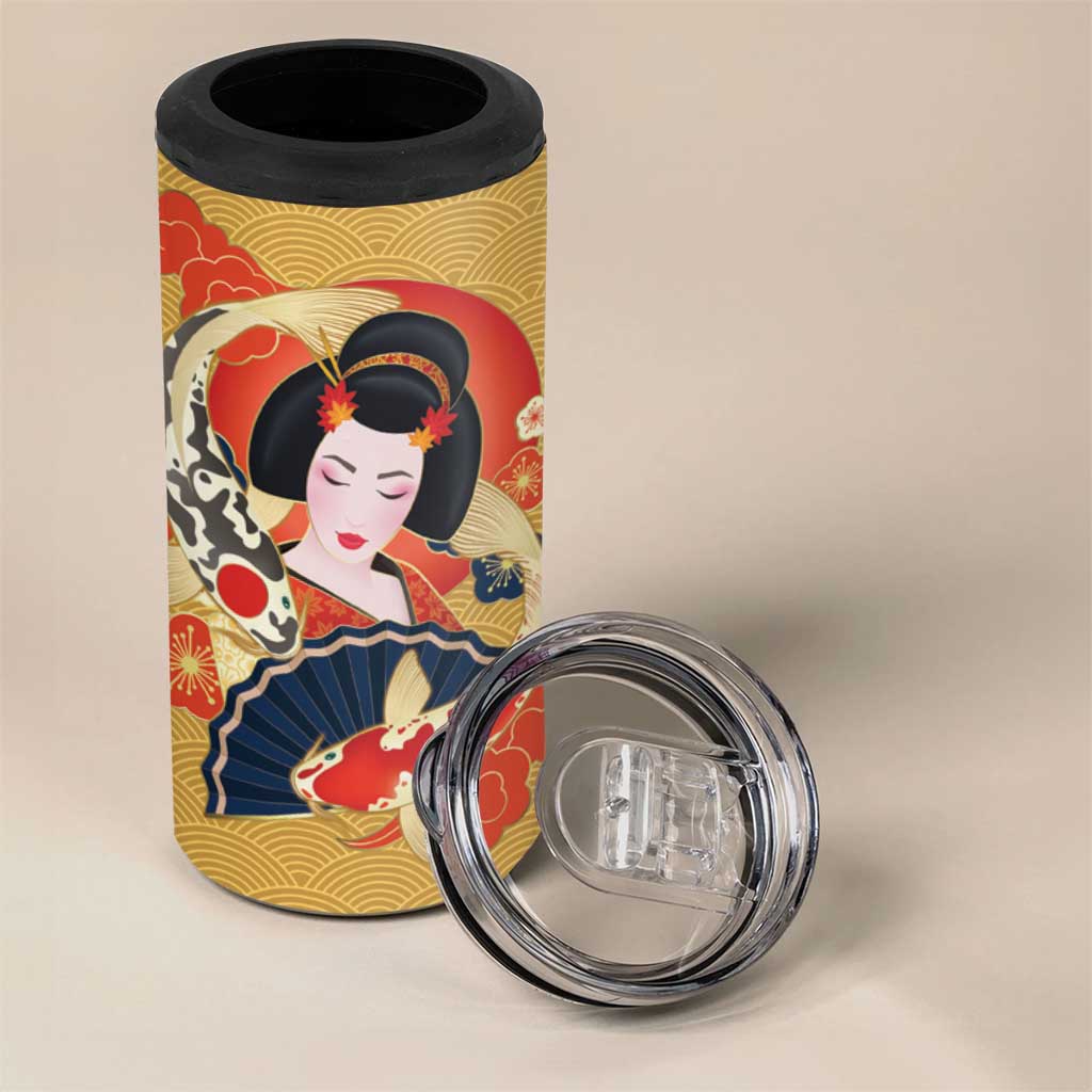 Japanese Geisha Koi Fish 4 in 1 Can Cooler Tumbler Cherry Blossoms Yellow Seigaiha Pattern - Wonder Print Shop